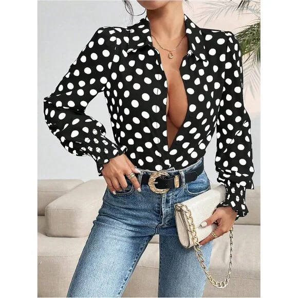Women's Polka Dots Button Down Shirt Ruffle Bishop Long Sleeve Top - Picture 4 of 5